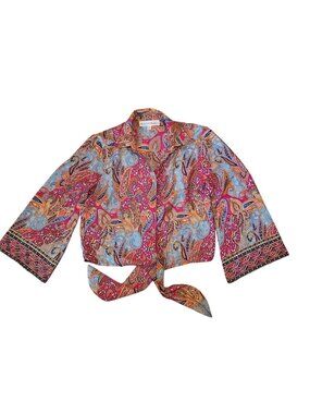 Chelsea & Theodore Paisley Tie-Front Blouse XS Multicolor 3/4 Sleeve